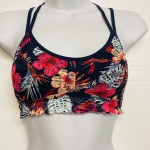 PINK Victoria's Secret Bralette Small Navy Blue Tropical Floral Lace T-Back